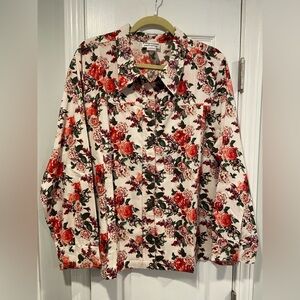 NWOT Potpourri Size 2X Rose Floral Print Button Down Denim Shacket Top Pockets